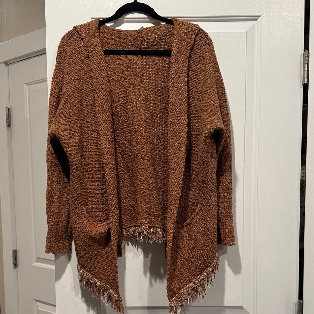 Free People Brown Hooded Cardigan with Fringe